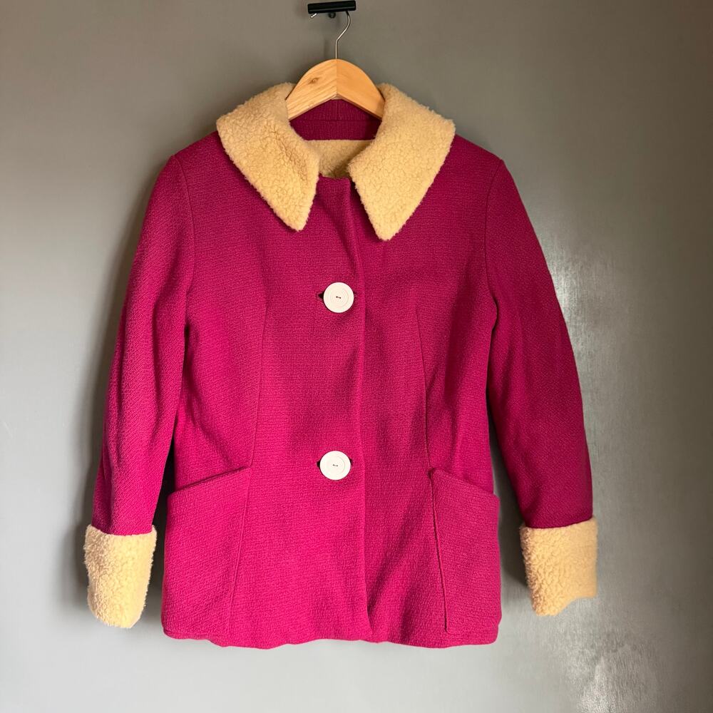 Vintage HIMELHOCH'S Women's Small Pink White Shearling Jacket MCM Colorful Boho